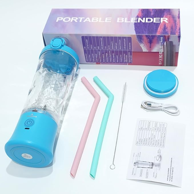 Portable Blender, Personal Size Blender for Shakes and Smoothies, Waterproof 20OZ USB Rechargeable Mini Blender Cup with 6 Sharper Blades 240W powerful Hand-held Blender for Kitchen/Home/Travel, Blue