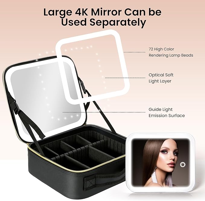 Travel Makeup Bag with Led Mirror Detachable 3 Color Scenarios Adjustable Brightness Large Cosmetic Organizer Storage Adjustable Dividers Waterproof Makeup Brushes Toiletry Gift Black