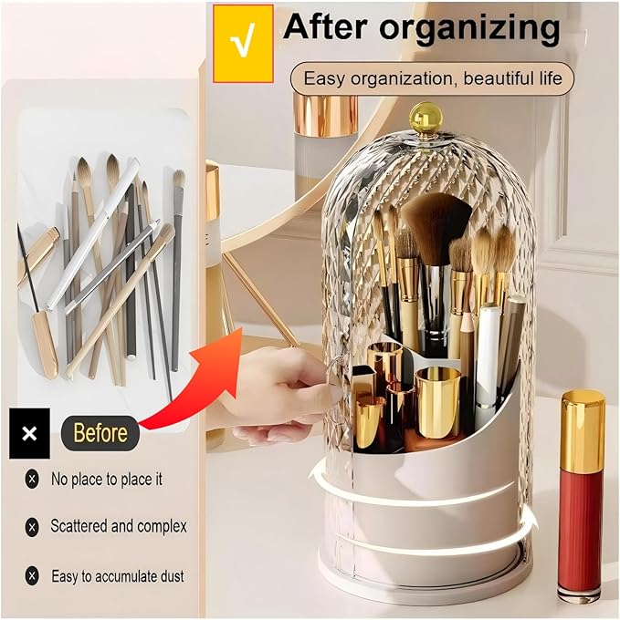 Makeup Brush Holder with Lid,Makeup Brush Storage Box with Diamond Pattern,360 Rotating Waterproof and Dustproof Beauty Brushes Storage for Vanity Bathroom,White