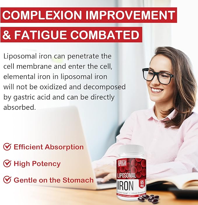 Liposomal Fe Iron Supplement for Women,65 mg Iron Supplements with Folic Acid & Vitamin B12 for Men,Red Blood Cell Production,Energy Support for Adults Iron Deficiency 60 Softgels(2 Bottle)