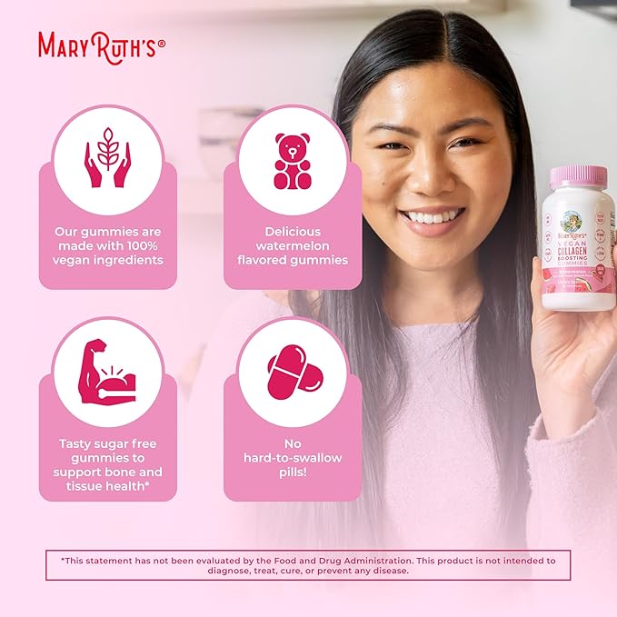 MaryRuth Organics Vegan Collagen for Women & Men, Collagen Boosting Gummies, Skin Care, Lysine, Vitamin C, Vitamin A, Amla, Supplement for Hair & Skin, Vegan, Non-GMO, Gluten Free, 90 Servings