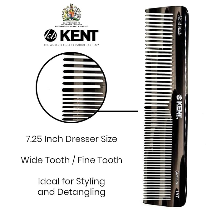 Kent 16T-16TG Fine Tooth and Wide Tooth Comb for Daily Grooming, Handmade Styling Comb for All Hair Types, Styling and Detangling Combs for Men and Women
