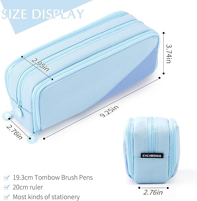 CICIMELON Big Capacity Pencil Case 3 Compartments Pen Pouch Bag Multifunctional Organizer for School Office, Haze Blue