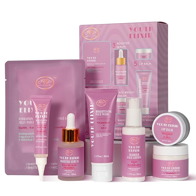 Valentines Day Gifts for Woman Skin Care Set Travel Size, Daily Routine with Hydrate + Protect SkinCare 7-Pieces Travel Kit for Women|Cleanser, Cream, Serum, Eye Cream, Lotion, Lip Mask, Jelly Patches