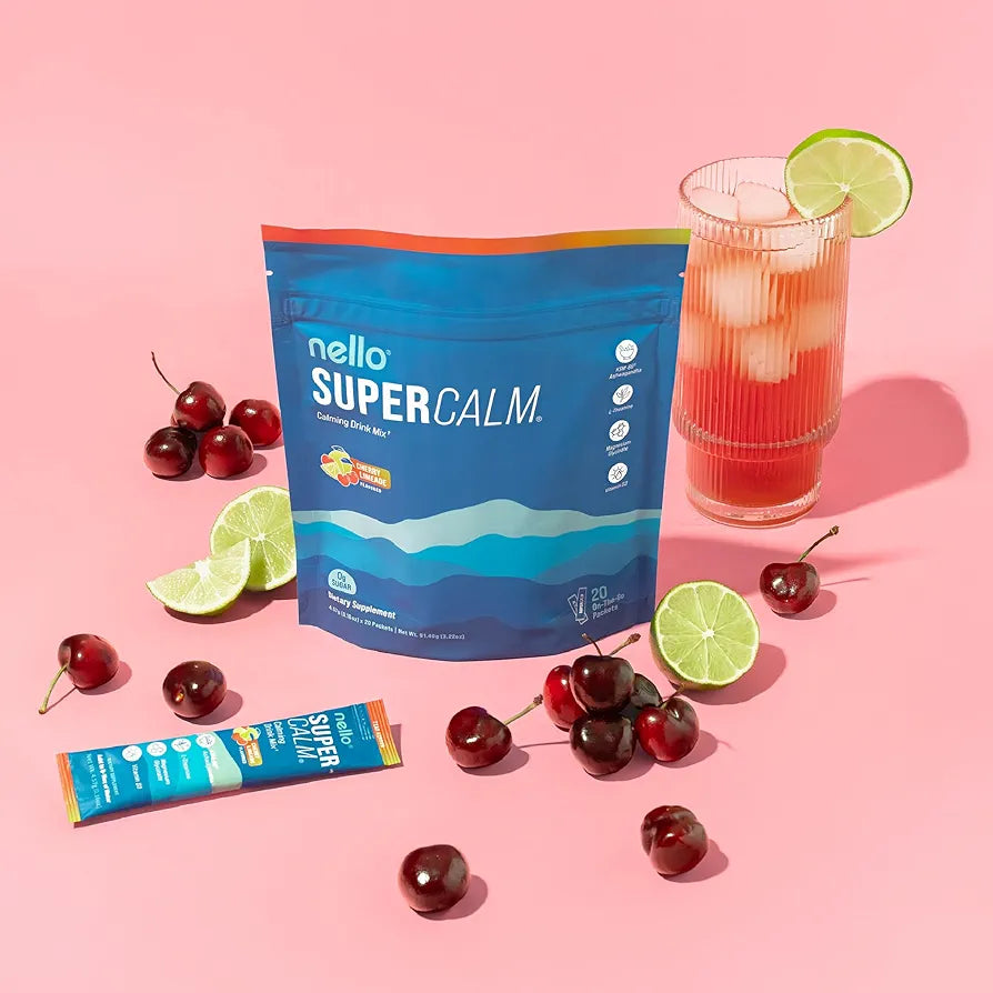 Supercalm Drink Mix - Ashwagandha KSM 66, Magnesium Glycinate & L-Theanine Supplement - Ashwagandha Root Extract - Focus and Relaxation Support (20 Travel Packets) - Cherry Limeade