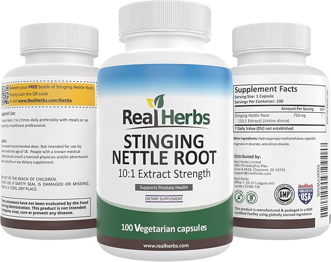 Real Herbs Stinging Nettle Root Extract 7500mg (750mg of 10:1 Extract) Vegetarian Friendly, Non-GMO, Gluten Free - Promotes Prostate & Urinary Tract Health - 100 Capsules