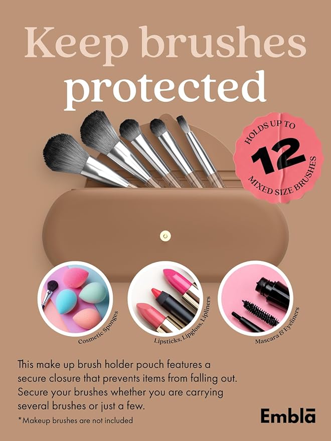 Embla Makeup Brush Holder Travel Cosmetic Case Pouch, Soft Silicone Cosmetic Bag Make Up Brushes Holder with Secure Snap Closure, Travel Makeup Brush Case, Latte