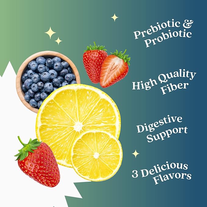 BeLive Synbiotics - Probiotic & Prebiotic Fiber Gummies – High Strength Inulin (3g), Dietary Fiber Supplement, Digestive Support for Kids & Adults - Strawberry, Lemon, Blueberry Flavor (60Ct)