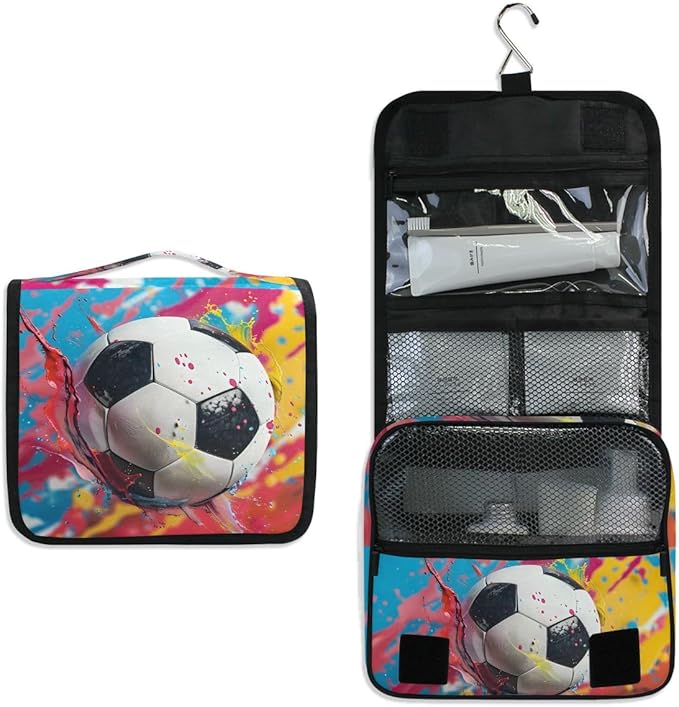senya Hanging Travel Toiletry Bag Kit Boys Makeup Case Cosmetics Organizer for Men Women (Soccer Colorful)