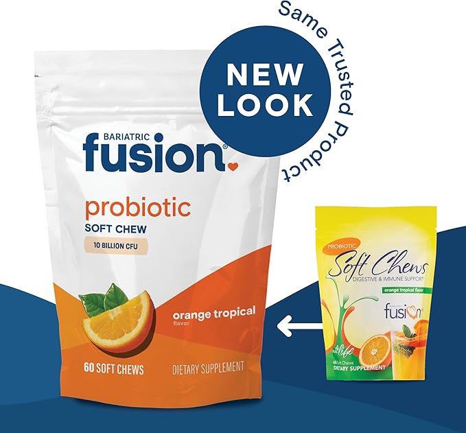 Bariatric Fusion Bariatric Probiotic Soft Chews | Orange Tropical Flavor Chewy Bariatric Vitamin | Bacillus Coagulans 10 Billion CFU Chewable Probiotic | Support Digestive & Immune Health | 60 Count