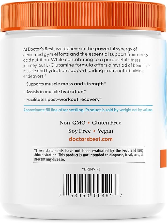Doctor's Best Pure L-Glutamine Powder, Supports Muscle Mass, Strength & Post-Workout Recovery, Amino Acid, 300g