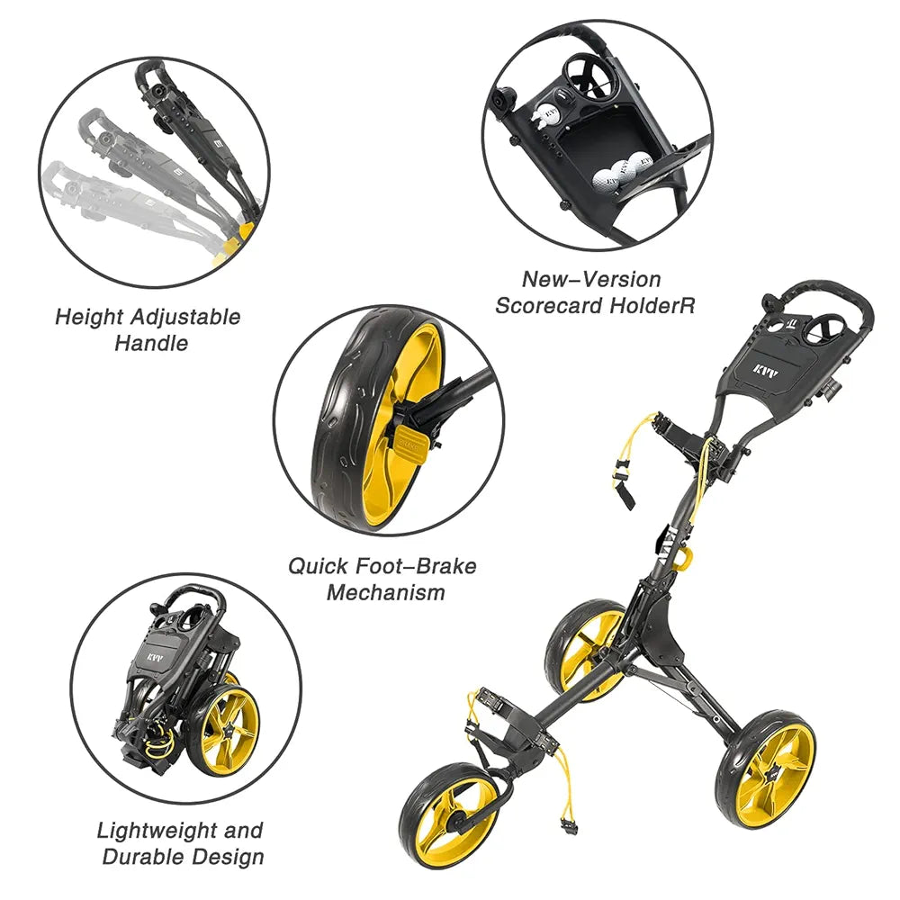 KVV 3 Wheel Golf Push Cart Ultra Lightweight Smallest Folding Size, New-Version Scorecard Holder