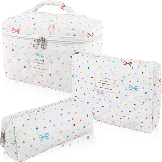 3Pcs Cotton Quilted Makeup Bag Set,Large Floral Cosmetic Bag,Aesthetic Toiletry Travel Makeup Bag Set and Cute Flower Bag for Women Girls (Apricot Colored Dot)