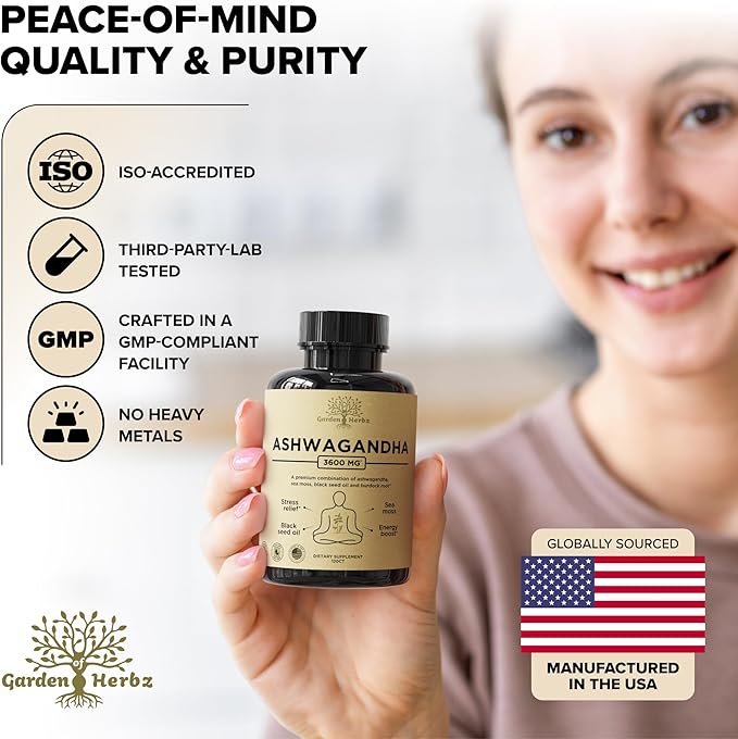 Organic Ashwagandha Root & Irish Sea Moss – 3,600 mg Ashwagandha Supplement with Black Seed Oil, & Burdock Root – Herbal Supplement for Energy, Calm, Mood, & Wellness, 120 Caps