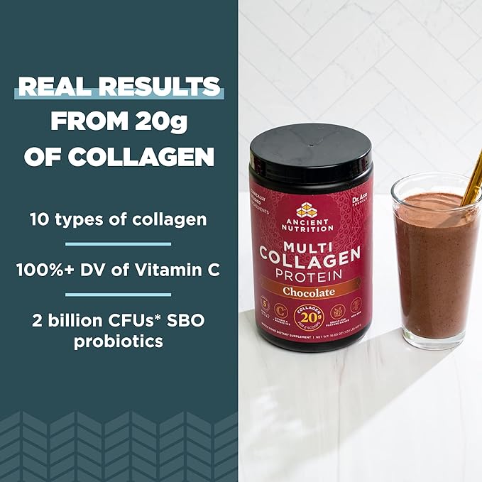 Ancient Nutrition Collagen Powder Protein, Multi Collagen Chocolate Protein Powder, 45 Servings, with Vitamin C, Hydrolyzed Collagen Peptides Supports Skin and Nails, Gut Health, 16.65oz