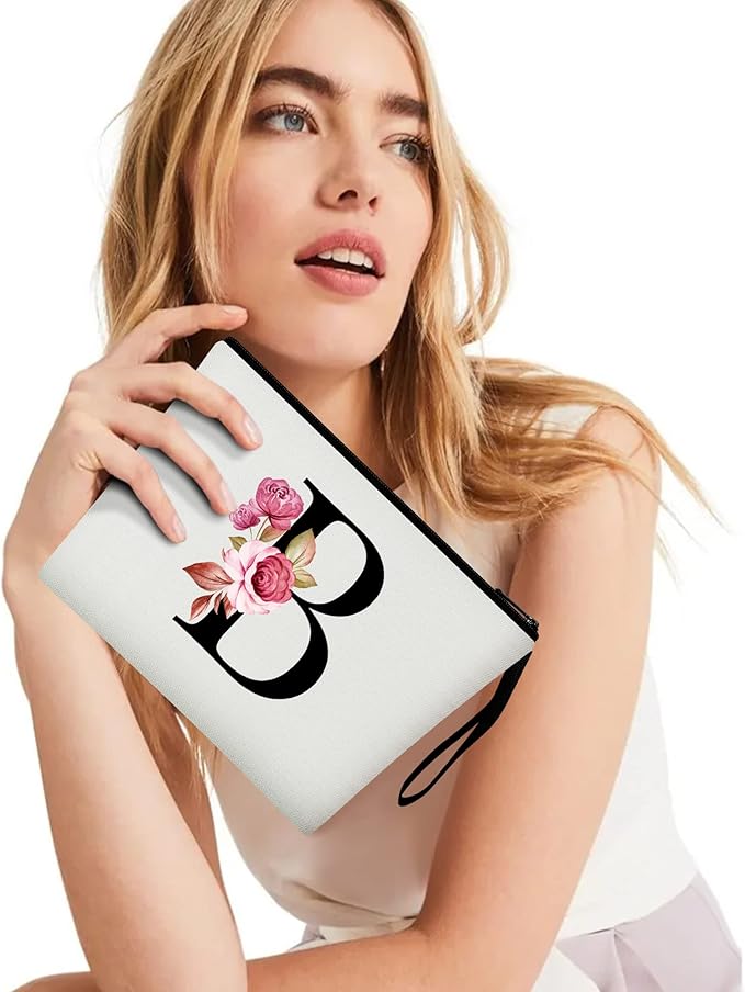 Vavabox A-Z Personalized Makeup Bag, Birthday Gifts for Women Mom, Gifts for Best Friend, Bride Bridesmaid Cosmetic bag (B, White)