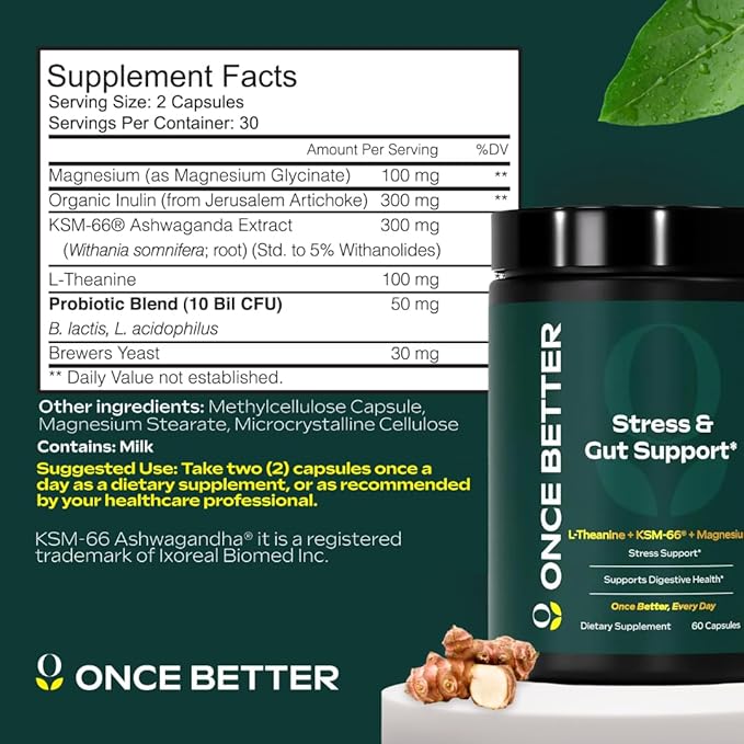 Once Better™️ Stress & Gut Support Supplement – Ashwagandha KSM-66®, L-Theanine, Magnesium Glycinate, Probiotics & Inulin for Digestive Health & Stress Relief – 60 Capsules - Men & Women