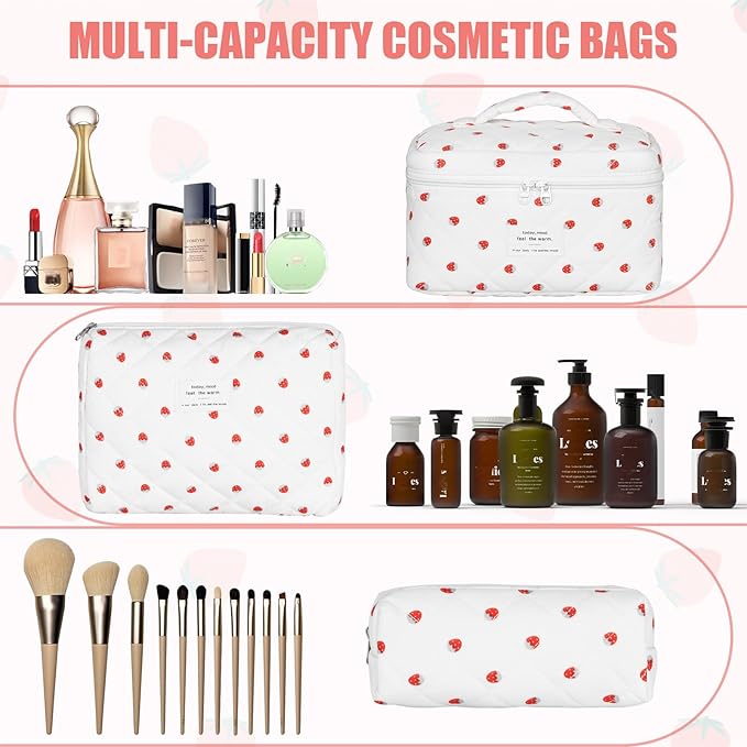 Quilted Makeup Bag Set, 3Pcs Large Checkered Corduroy Cosmetic Bags, Cute Coquette Makeup Bag Toiletry Zipper Pouch Bag for Women and Girls Checkered