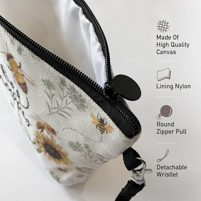 Hglian Bee Makeup Bag Inspirational Cosmetic Toiletry Organizer Bags Cute Sunflower Zipper Pouch for Purse Birthday Gifts for Women Girls-Bee Happy