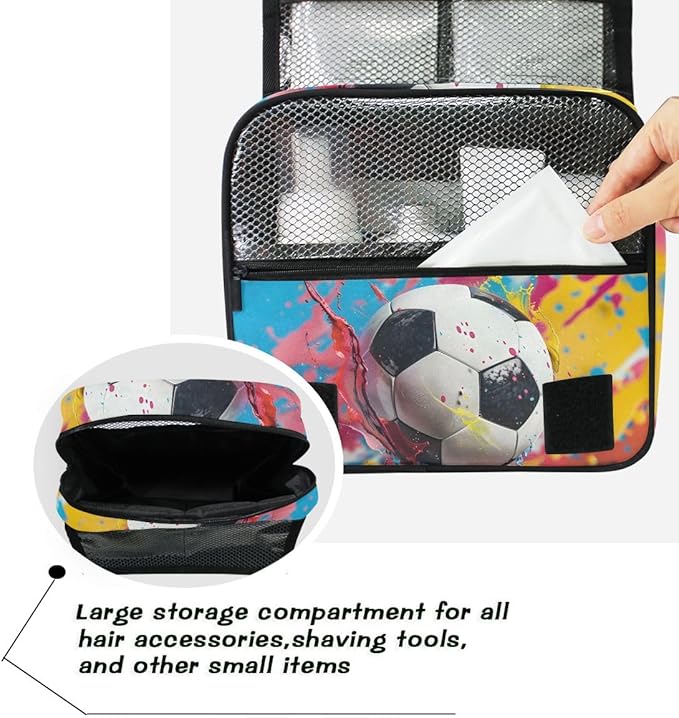 senya Hanging Travel Toiletry Bag Kit Boys Makeup Case Cosmetics Organizer for Men Women (Soccer Colorful)