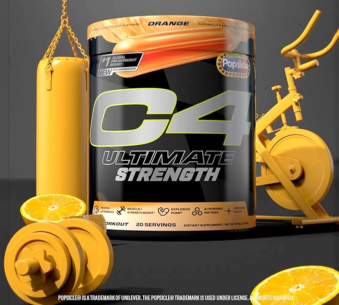 Cellucor C4 Ultimate Strength Pre Workout Powder - Tri-Stim Experience 300mg Caffeine+TeaCrine+Dynamine - Creatine & Beta-Alanine - Energy Supplement for Men & Women - Orange Popsicle, 20 Servings
