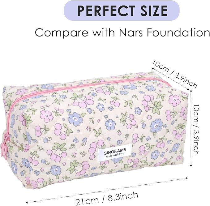 Coquette Makeup Bag Cosmetic Bag for Women, Handmade Cotton Quilted Pouches Reusable Travel Toiletry Bag Organizer Brushes, Beige Flowers