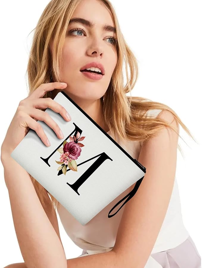 Vavabox A-Z Personalized Makeup Bag, Birthday Gifts for Women Mom, Gifts for Best Friend, Bride Bridesmaid Cosmetic bag (M, White)