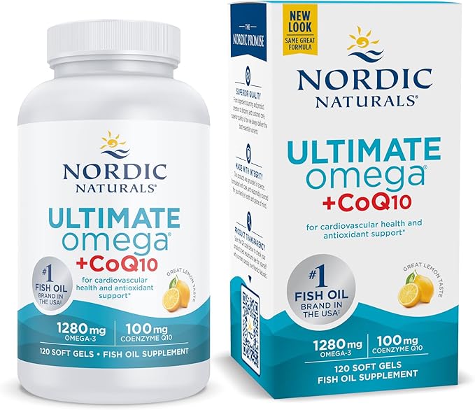 Nordic Naturals Ultimate Omega + CoQ10, Lemon - 120 Soft Gels - 1280 mg Omega-3 + 100 mg CoQ10 - Heart Health, Cellular Energy, Antioxidant Support - Non-GMO - 60 Servings