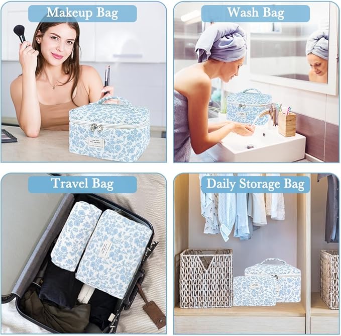 3Pcs Cotton Quilted Makeup Bag Set,Large Floral Cosmetic Bag,Aesthetic Toiletry Travel Makeup Bag Set and Cute Flower Bag for Women Girls (Blue White Flower)