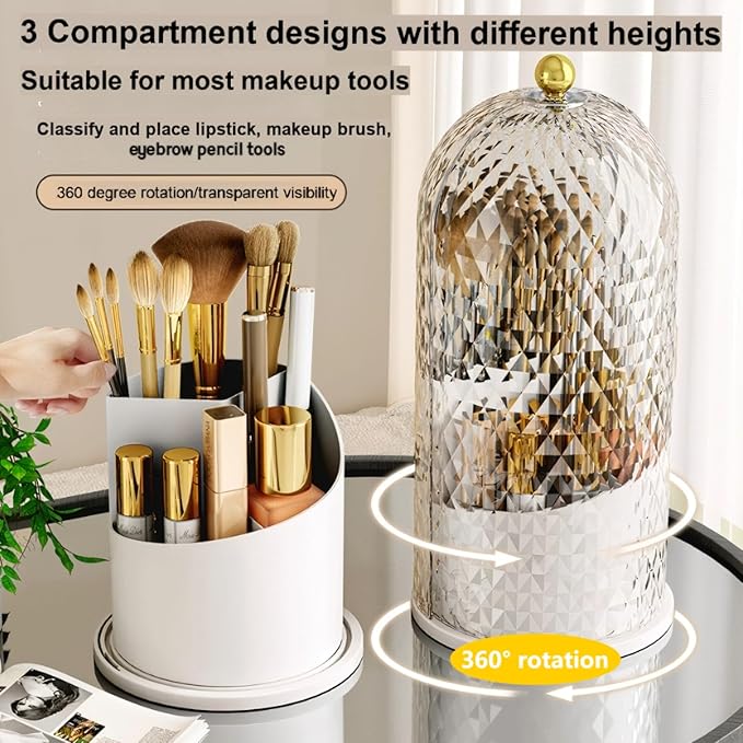 Makeup Brush Holder with Lid,Makeup Brush Storage Box with Diamond Pattern,360 Rotating Waterproof and Dustproof Beauty Brushes Storage for Vanity Bathroom,White