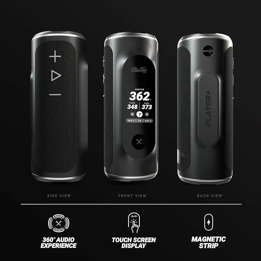 Blue Tees Golf Player+ GPS Speaker with Touch Screen Display, 10+ Hours Battery, 40,000+ Courses, Visual + Audible Distance, Hazard Distance - IPX7 Waterproof