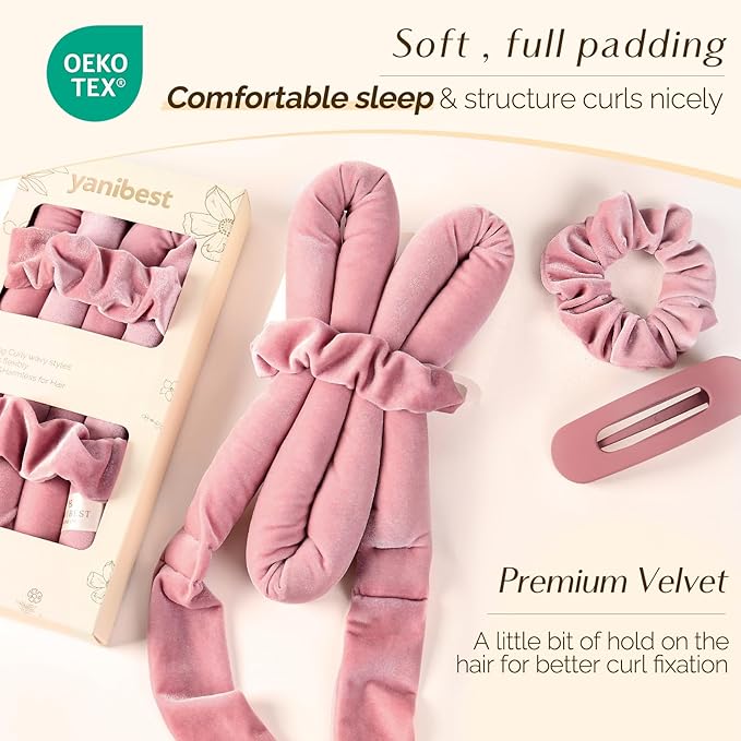 Yanibest Heatless Curls Overnight, Soft Heatless Hair Curler to Sleep in, No Heat Ribbon Wrap, Heatless Curling Set for Long Short Hair with Hair Scrunchies and Clip