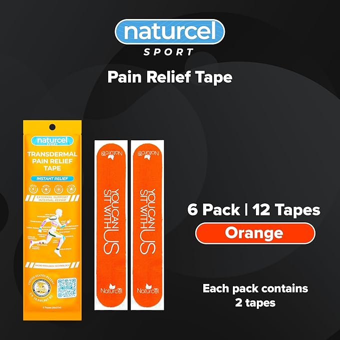 Sport Transdermal Pain Relief Tape, Kinesiology Tape, Sore Joints, Muscles, Back, Knee, Elbow, Shoulder Pain, 2 Elastic Strips(10x2 in), Water Resistant, Accelerated Recovery (Orange, 6 Pack)