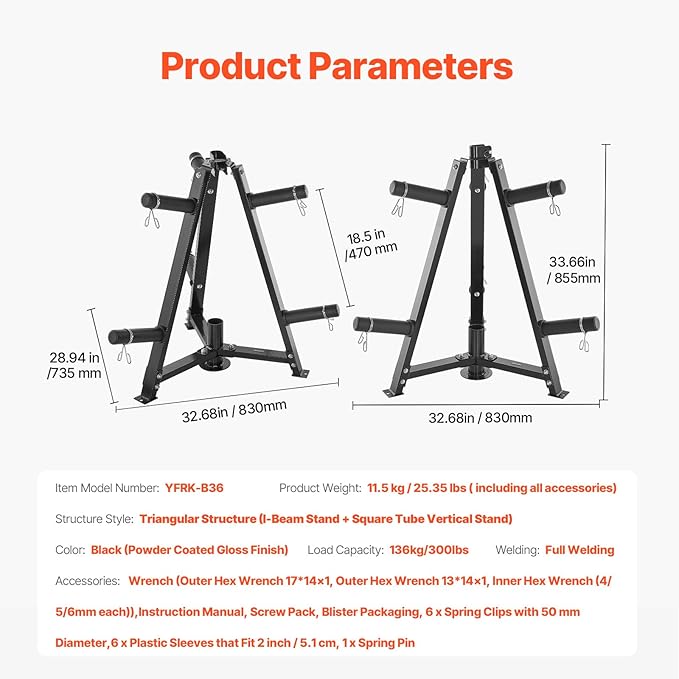 VEVOR Weight Plate Rack, Weight Plate Tree for 2-Inch Weight Plates, Standard Weight Plate Tree, 300 lbs Load Capacity Weight Storage Holder, Home Gym Barbell Rack Storage Stand, Black