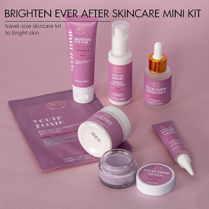 Valentines Day Gifts for Woman Skin Care Set Travel Size, Daily Routine with Hydrate + Protect SkinCare 7-Pieces Travel Kit for Women|Cleanser, Cream, Serum, Eye Cream, Lotion, Lip Mask, Jelly Patches