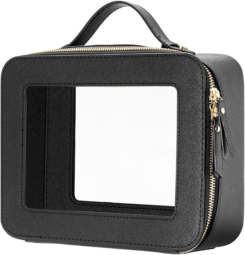 Keains Clear Makeup Bag for Women Cosmetic Organizer Case Transparent Waterproof Travel Toiletry Bag with Zipper Portable Make Up Organizer Traveling Compact Car Bag for Essentials(Black)