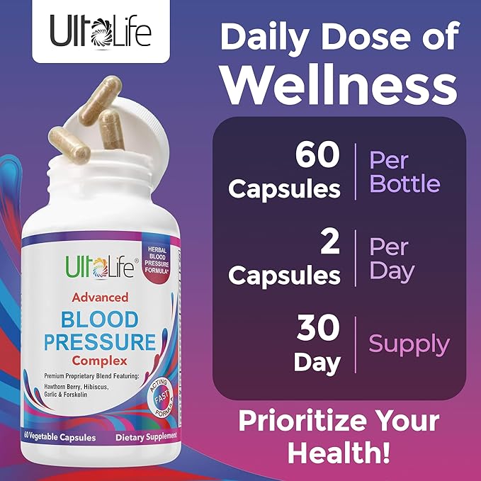 Blood Pressure Supplements - Advanced Blood Pressure Supplement Complex - Hawthorn Berry, Hibiscus, Garlic, Forskolin - 14 Vitamins & Herbs, 30 Day Supply in Veggie Capsules