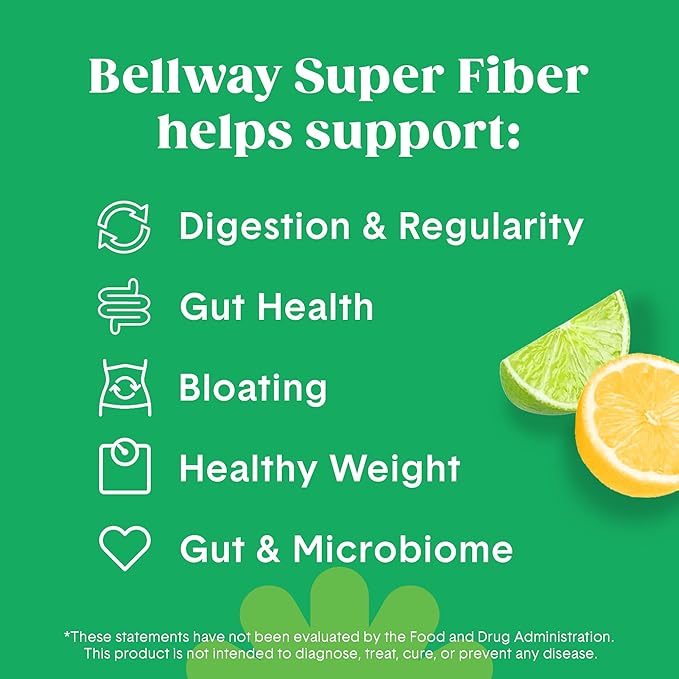 Bellway Super Fiber Powder + Fruit, Sugar Free Organic Psyllium Husk Powder Fiber Supplement for Regularity, Bloating Relief & Gut Health, Non-GMO, Plant-Based, Lemon Lime (50 Servings)
