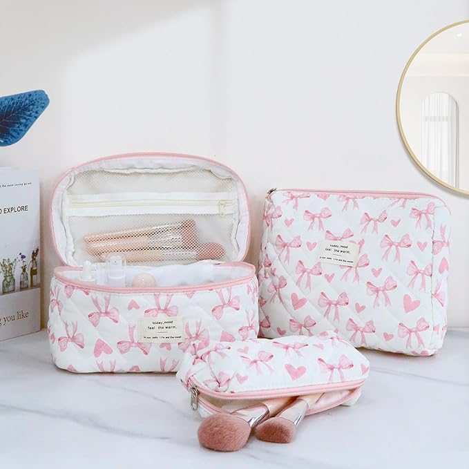 3Pcs Cotton Quilted Makeup Bag Set,Large Floral Cosmetic Bag,Aesthetic Toiletry Travel Makeup Bag Set and Cute Flower Bag for Women Girls (Love Bow)