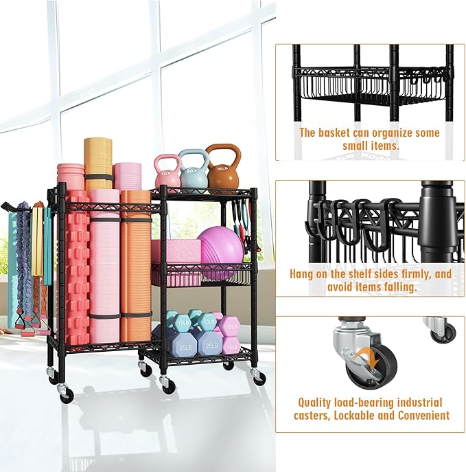 Home Gym Storage, 3 Tiers Workout Equipment Organizer with Wheels for Yoga Mats, Foam Roller, Dumbbells, Kettlebells, and Resistance Bands