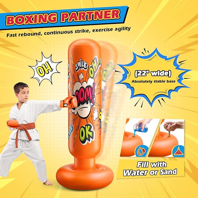 Punching Bag for Kids, Inflatable Kids Punching Bag for Kids 3-12, Boxing Equipment for Kids and Adults, Christmas, Birthday Gifts, Punching Bag Practice Karate, Taekwondo