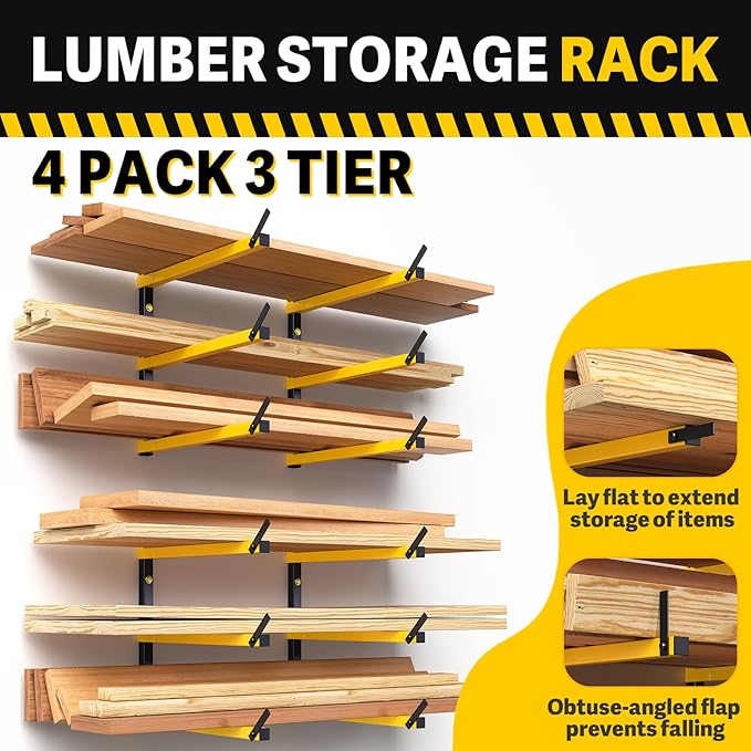 GREENER Lumber Storage Rack Folding Wood Storage Racks Wall-Mounted Metal Racks for Storage with 3-Level Heavy Duty Garage Wood Organizer for Woodworking Shop Indoor & Outdoor Use, 4 pairs,Yellow