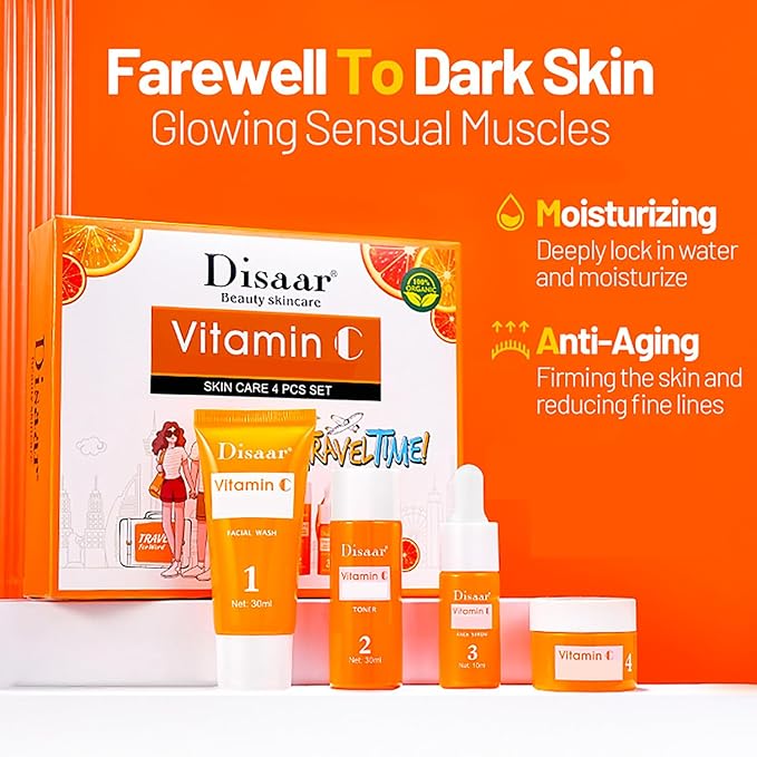 Vitamin C Organic Orange Extract Skin Care Set Facial Wash Toner Serum Face Cream Moisturizing Reduce Wrinkles Hydrate 30ml+30ml+10ml+15g 4PCS