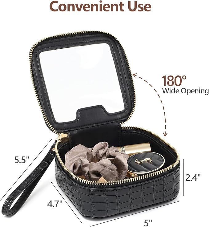 PACKISM Small Clear Makeup Bag - Crocodile Texture & Hard PU Leather Mini Makeup Bag for Purse, Cosmetic Bag Travel Bag Car Bag for Essentials for Women Gift Daily Use (Black Mini)
