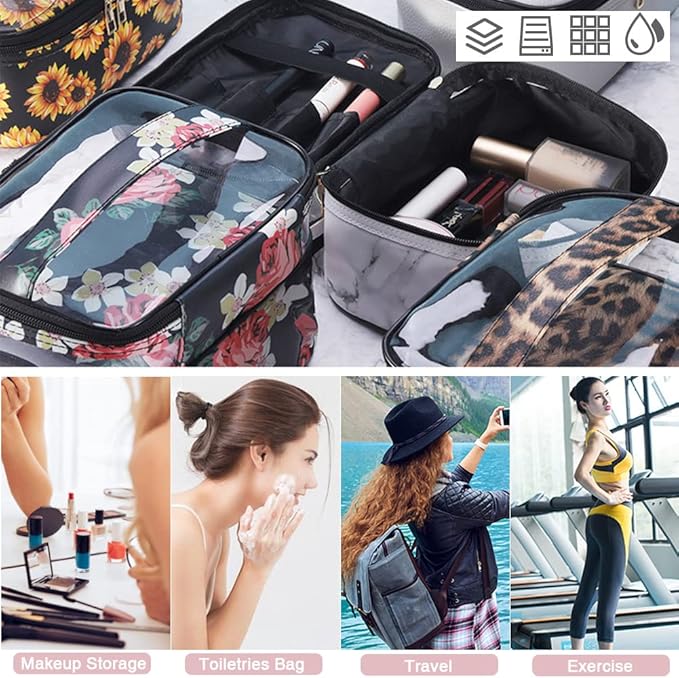 FITINI 3 Pieces Sunflower Makeup Bags Double Layer Travel Large Cosmetic Cases Organizer Toiletry Bags Waterproof Small Zipper Pouch for Women Makeup Brush Storage Bag