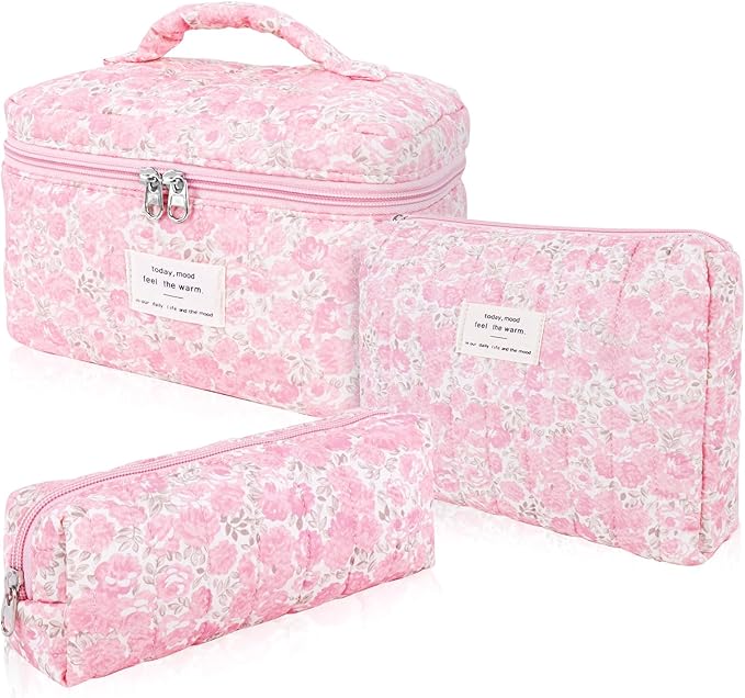 3Pcs Cotton Quilted Makeup Bag Set,Large Floral Cosmetic Bag,Aesthetic Toiletry Travel Makeup Bag Set and Cute Flower Bag for Women Girls (Pink Flower)