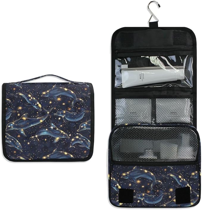 senya Hanging Travel Toiletry Bag Kit Boys Makeup Case Cosmetics Organizer for Men Women (Dolphin Starry Sky)