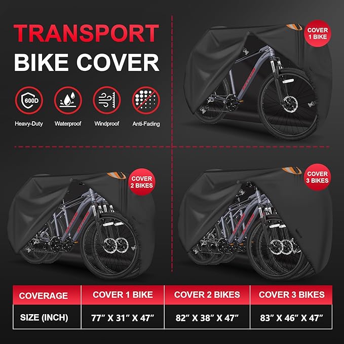 Bike Cover for Transport 3 Bikes - Outdoor Bike Covers for 3 Bikes on Rear Bike Rack Transport Heavy Duty & Waterproof, 600D Bicycle Rack Covers for 3 Bikes on Car Hitch Travel Storage