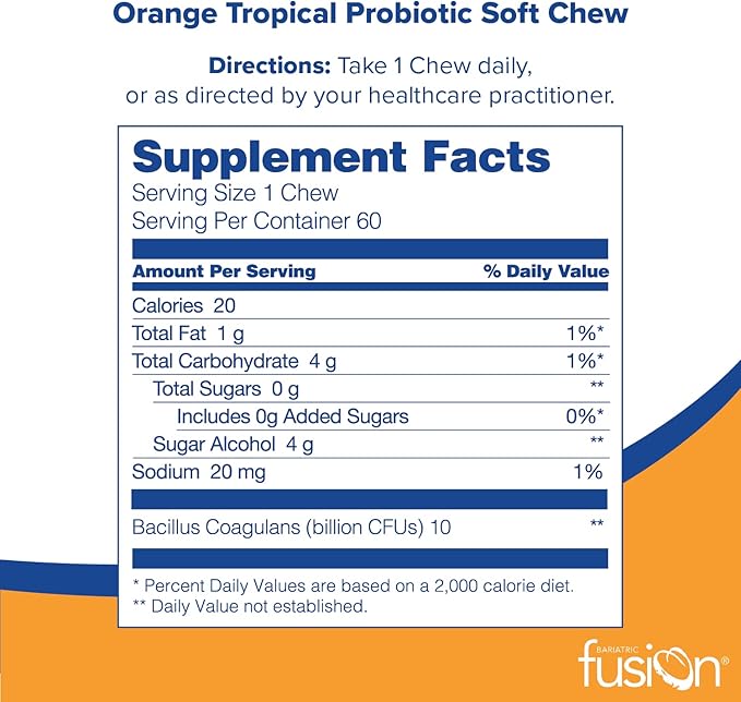 Bariatric Fusion Bariatric Probiotic Soft Chews | Orange Tropical Flavor Chewy Bariatric Vitamin | Bacillus Coagulans 10 Billion CFU Chewable Probiotic | Support Digestive & Immune Health | 60 Count