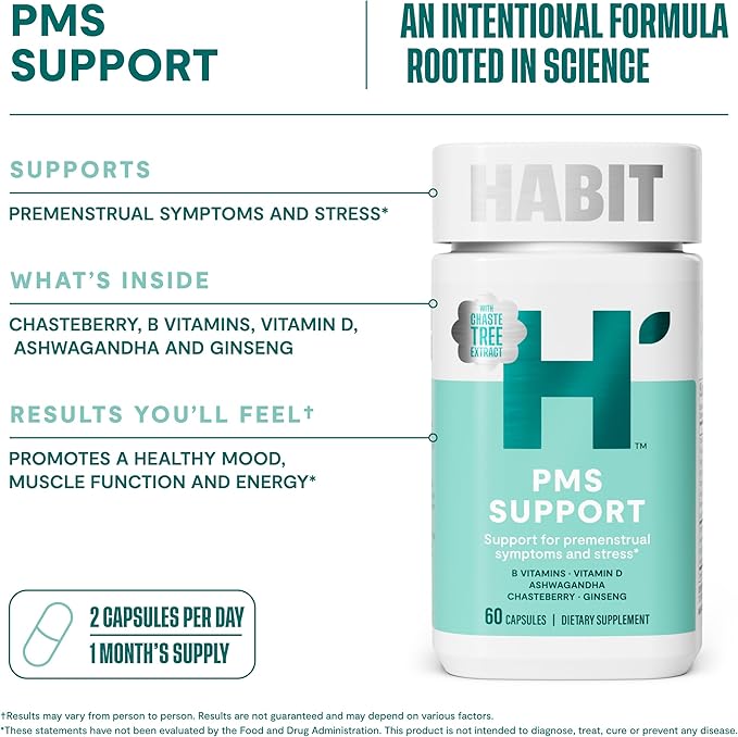 Habit PMS Support Supplement for Women 2 Pack (120 Capsules) - Supports Premenstrual Symptoms & Stress, Hormone Balance, Mood, B Vitamins, Vitamin D, Chasteberry, Ashwagandha, Gluten-Free, Non-GMO